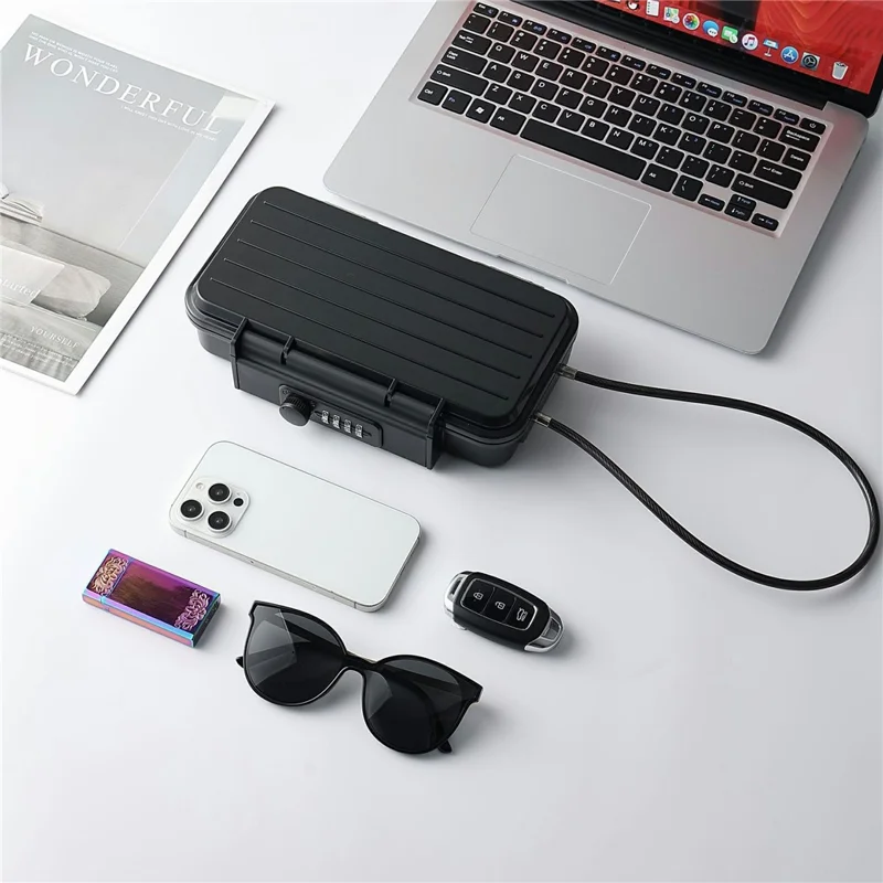 50m Waterproof Combination Lock Box Portable Safe Storage Case with Steel Cable for Beach Travel - Black
