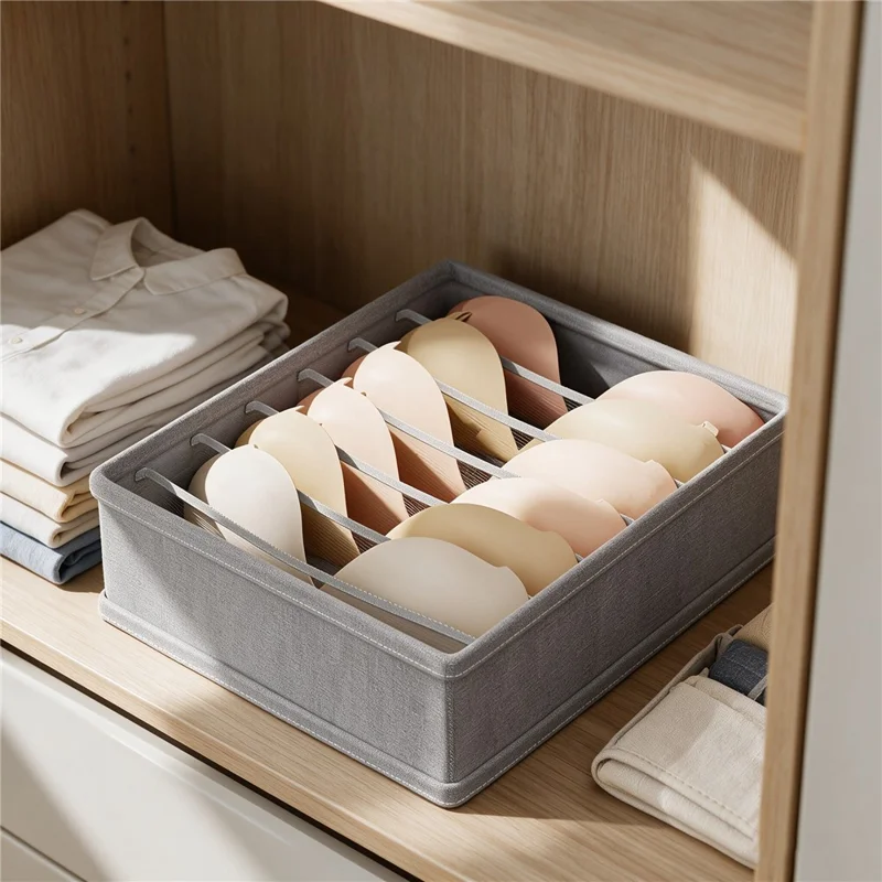Foldable Lingerie Storage Box 7 Compartments Cotton-Linen Drawer Organizer 32 x 32 x 12cm - Grey