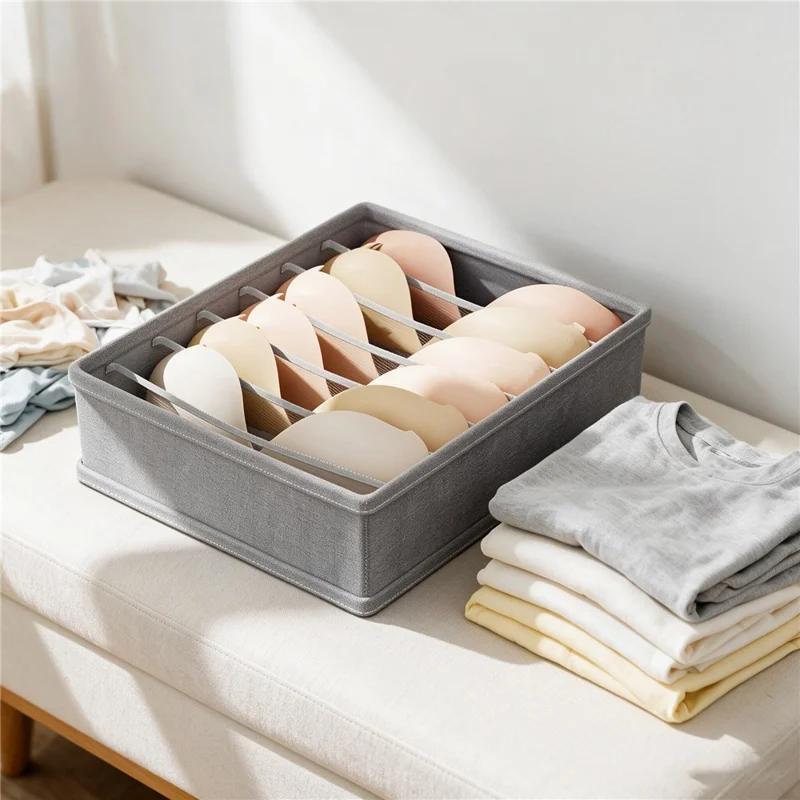 Foldable Lingerie Storage Box 7 Compartments Cotton-Linen Drawer Organizer 32 x 32 x 12cm - Grey