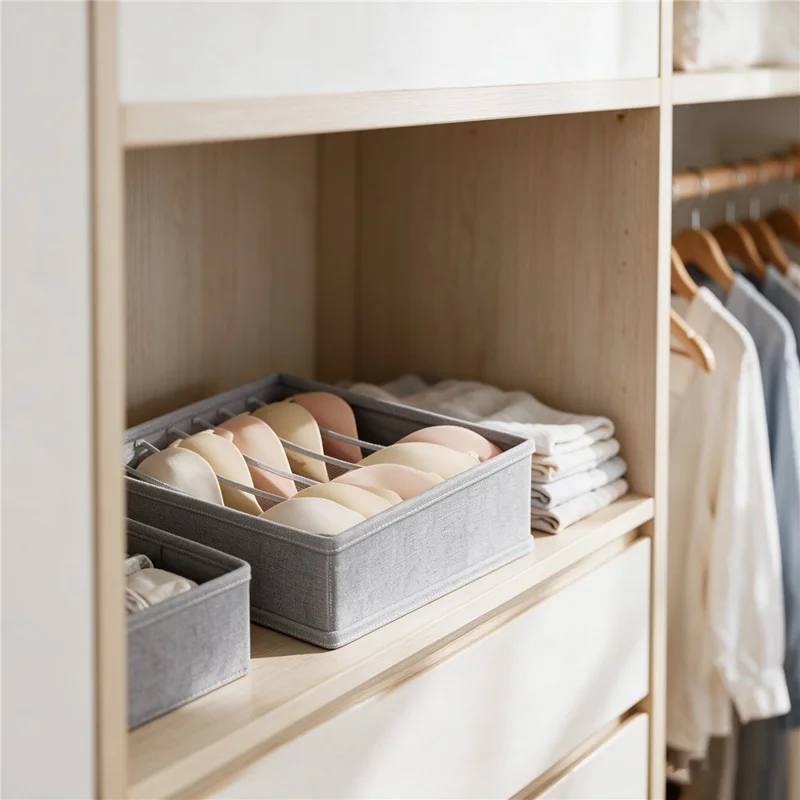 Foldable Lingerie Storage Box 7 Compartments Cotton-Linen Drawer Organizer 32 x 32 x 12cm - Grey