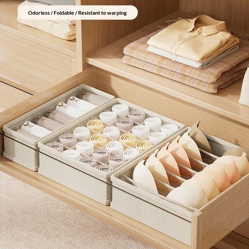 Foldable Lingerie Storage Box 7 Compartments Cotton-Linen Drawer Organizer 32 x 32 x 12cm - Grey