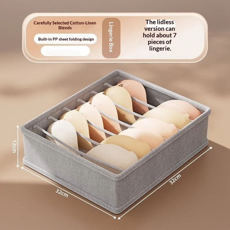 Foldable Lingerie Storage Box 7 Compartments Cotton-Linen Drawer Organizer 32 x 32 x 12cm - Grey