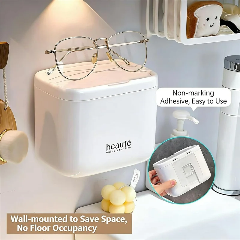 Press-to-Open Lid Makeup Organizer 3 Compartment Wall Mounted Storage Box for Bathroom Vanity - White
