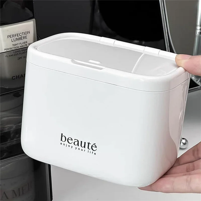 Press-to-Open Lid Makeup Organizer 3 Compartment Wall Mounted Storage Box for Bathroom Vanity - White