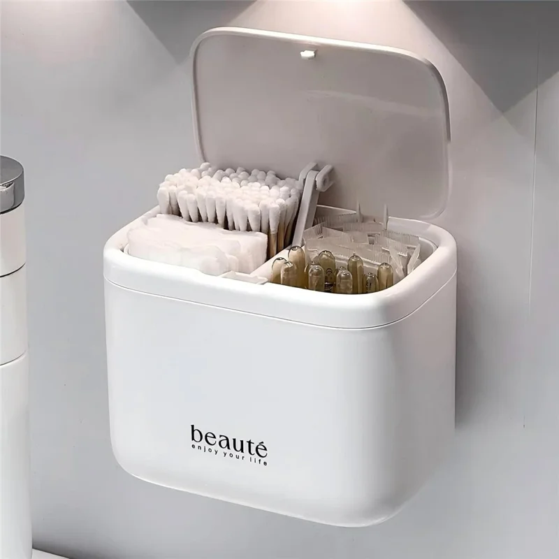 Press-to-Open Lid Makeup Organizer 3 Compartment Wall Mounted Storage Box for Bathroom Vanity - White