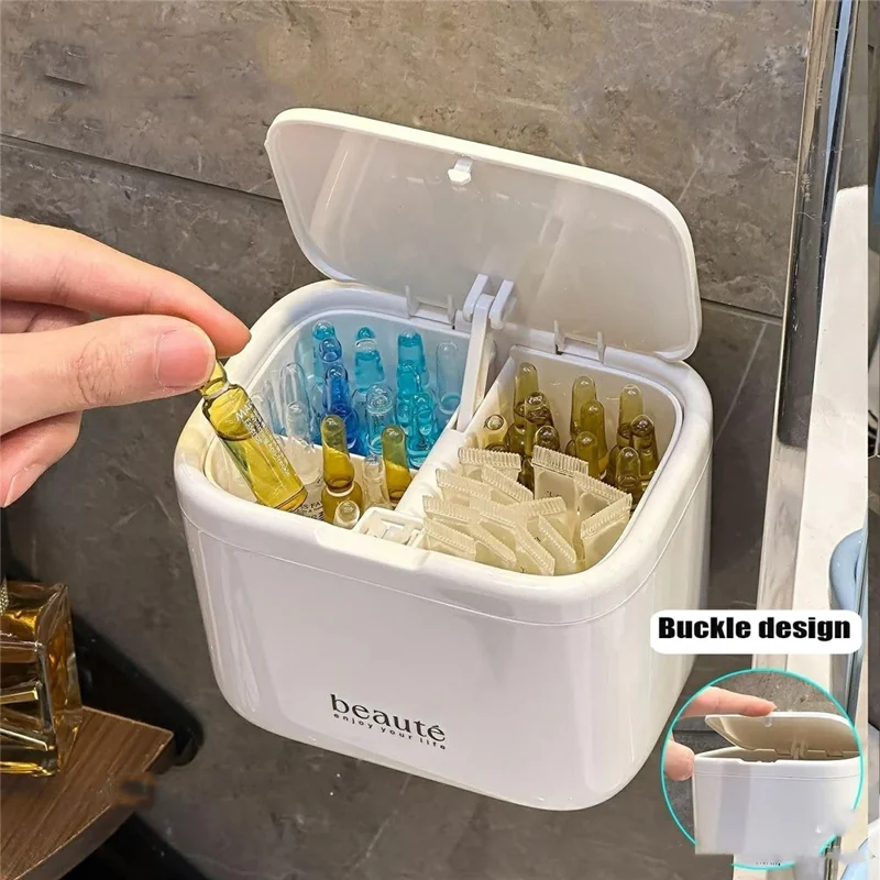 Press-to-Open Lid Makeup Organizer 3 Compartment Wall Mounted Storage Box for Bathroom Vanity - White