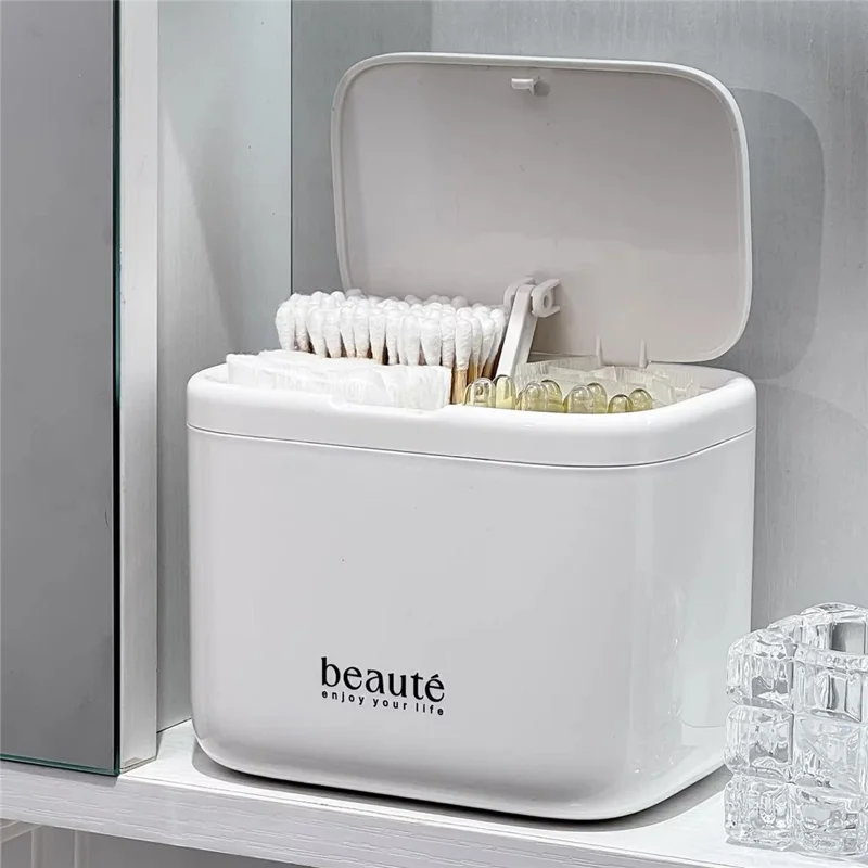 Press-to-Open Lid Makeup Organizer 3 Compartment Wall Mounted Storage Box for Bathroom Vanity - White
