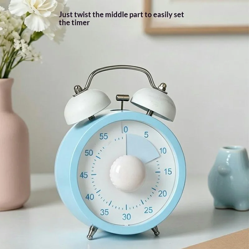 Mechanical Bell Timer Visual Countdown 60 Min Retro Double Bell Kitchen Timer for Cooking Pomodoro - Round / Blue