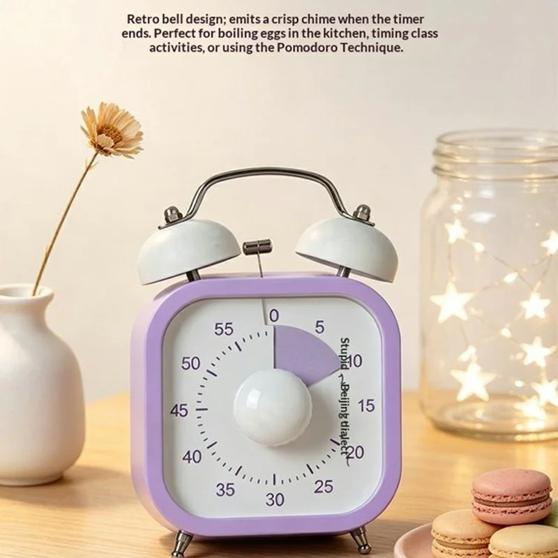 Mechanical Bell Timer Visual Countdown 60 Min Retro Double Bell Kitchen Timer for Cooking Pomodoro - Round / Blue