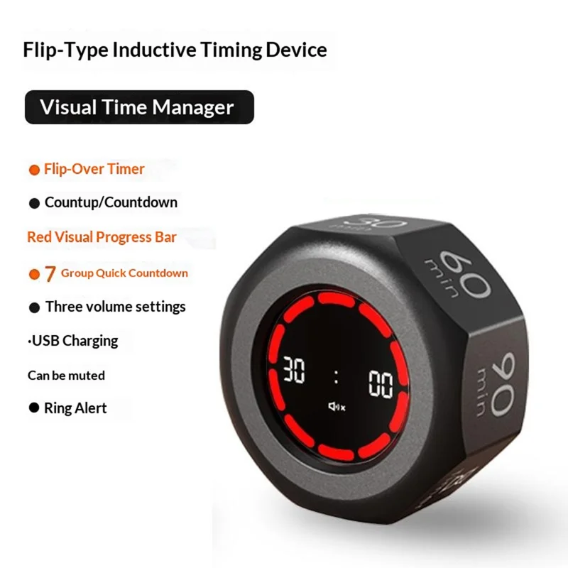 F-ML0669 Flip Timer Visuell Tidsmanager USB-Laddningsbar 7 Förinställda Nedräkningar Tyst LED-Progressbar Klocka för Studier - Svart