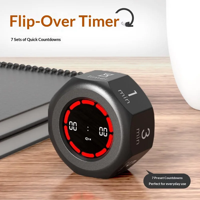 F-ML0669 Flip Timer Visuell Tidsmanager USB-Laddningsbar 7 Förinställda Nedräkningar Tyst LED-Progressbar Klocka för Studier - Svart