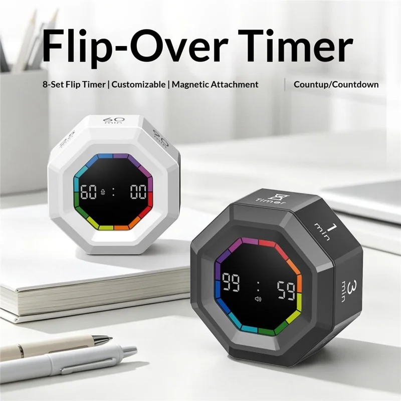 X-JSQ828A-01 Gravity Sensing Flip Timer 8 Preset Modes Magnetic Rechargeable Visual Timer for Study Work Fitness - Red Progress Bar  /  Black