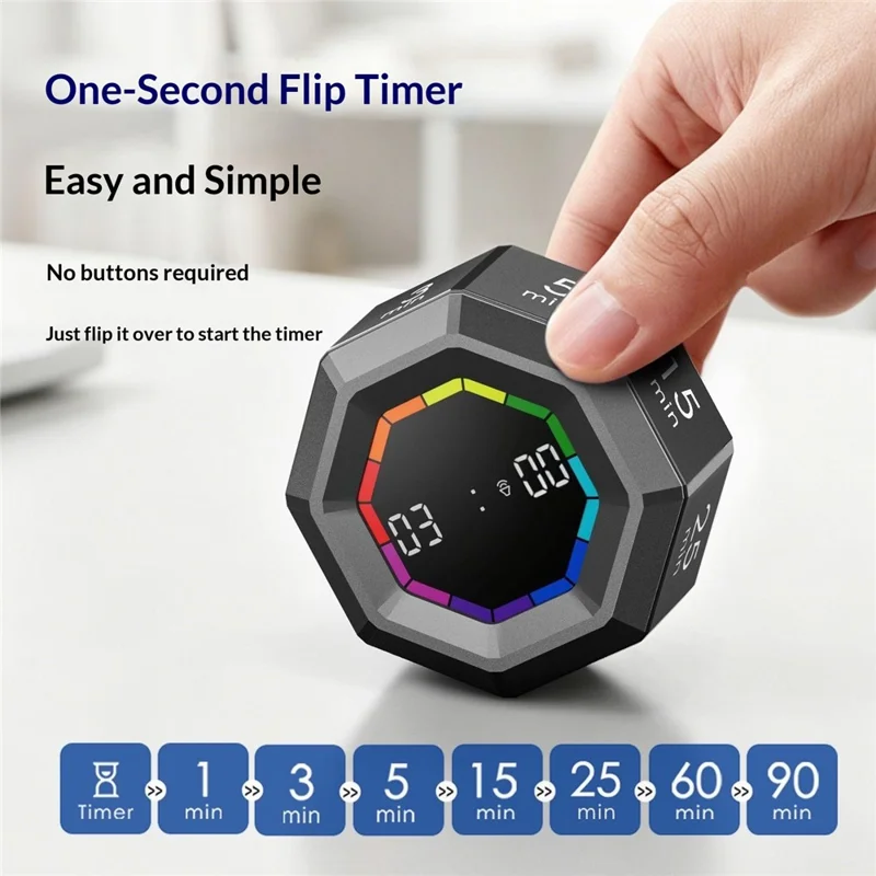X-JSQ828A-01 Gravity Sensing Flip Timer 8 Preset Modes Magnetic Rechargeable Visual Timer for Study Work Fitness - Red Progress Bar  /  Black