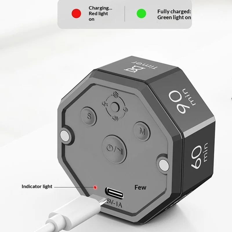 X-JSQ828A-01 Gravity Sensing Flip Timer 8 Preset Modes Magnetic Rechargeable Visual Timer for Study Work Fitness - Red Progress Bar  /  Black