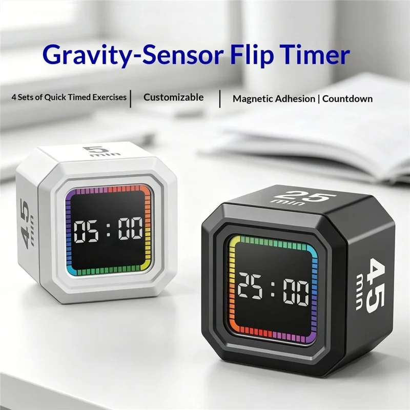 X-JSQ824-1 Gravity-Sensor Flip Timer Visual Progress Bar Magnetic Backing Digital Timer for Study Cooking Fitness - Red Progress Bar  /  Black