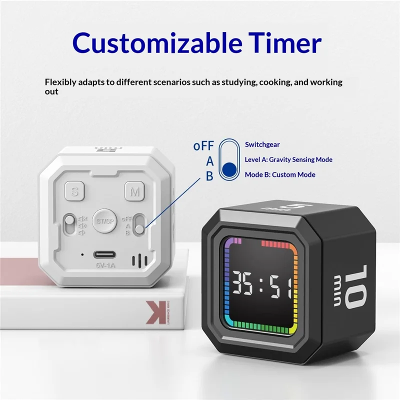 X-JSQ824-1 Gravity-Sensor Flip Timer Visual Progress Bar Magnetic Backing Digital Timer for Study Cooking Fitness - Red Progress Bar  /  Black