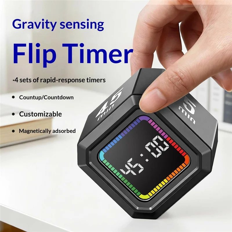 X-JSQ824-1 Gravity-Sensor Flip Timer Visual Progress Bar Magnetic Backing Digital Timer for Study Cooking Fitness - Red Progress Bar  /  Black