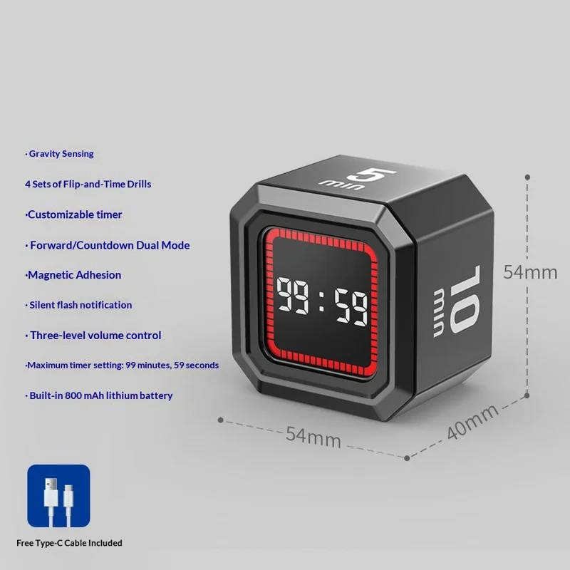 X-JSQ824-1 Gravity-Sensor Flip Timer Visual Progress Bar Magnetic Backing Digital Timer for Study Cooking Fitness - Red Progress Bar  /  Black