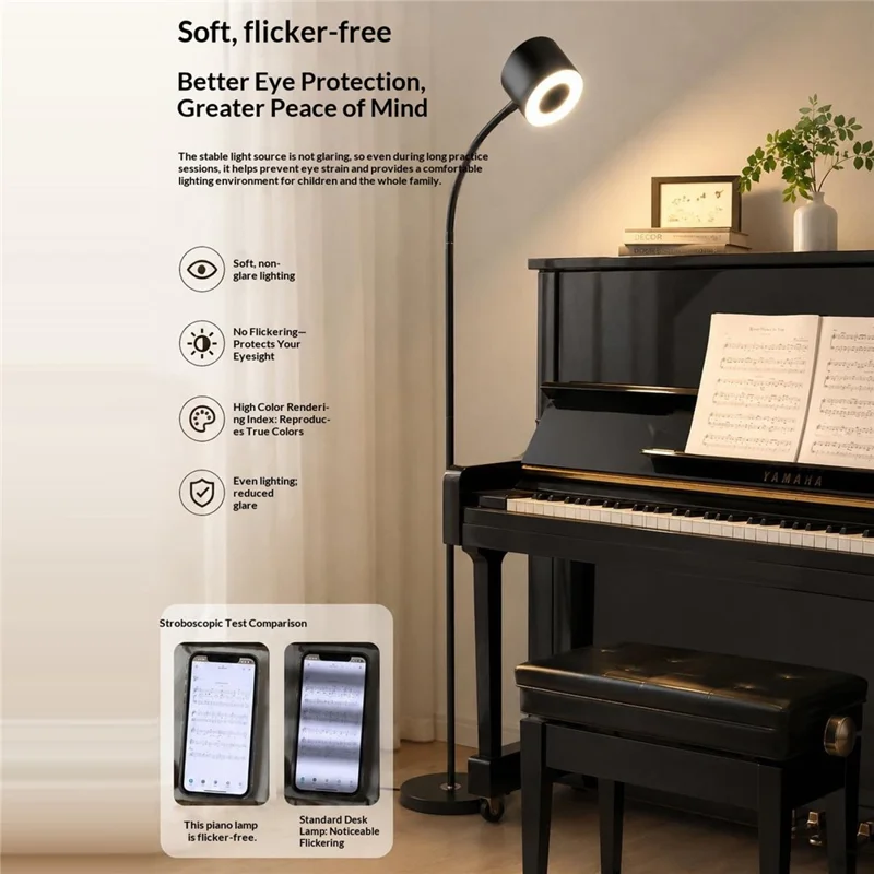 12W LED Floor Piano Lamp Flicker-Free 3 Color Temperatures Dimmable USB 5V Reading Light - Black