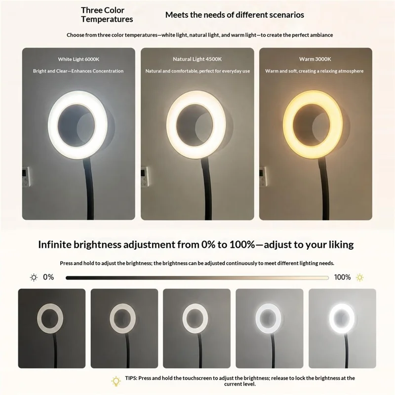 12W LED Floor Piano Lamp Flicker-Free 3 Color Temperatures Dimmable USB 5V Reading Light - Black