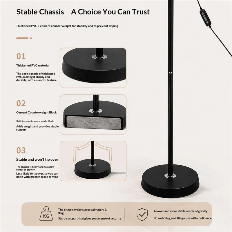 12W LED Floor Piano Lamp Flicker-Free 3 Color Temperatures Dimmable USB 5V Reading Light - Black