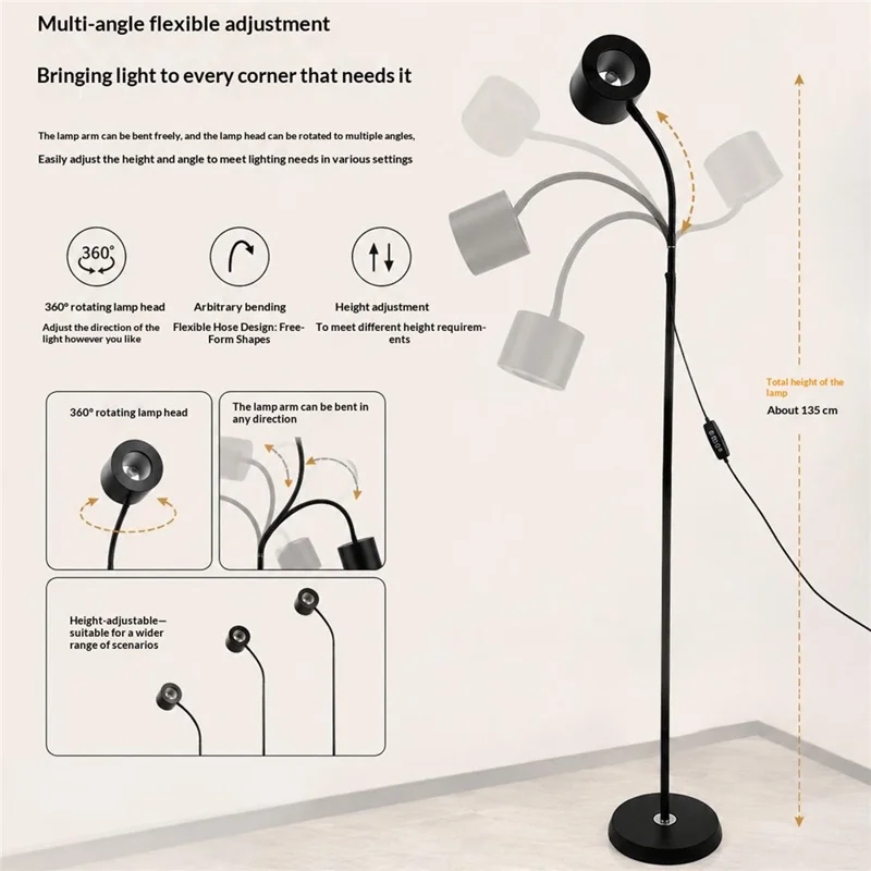 12W LED Floor Piano Lamp Flicker-Free 3 Color Temperatures Dimmable USB 5V Reading Light - Black