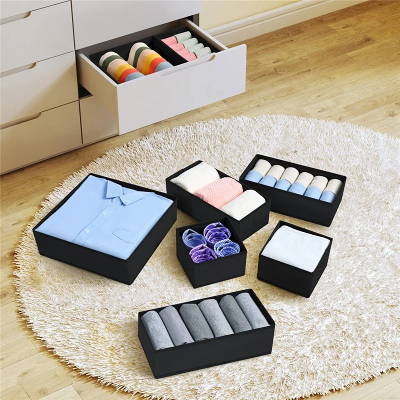 6Pcs / Set Nonwoven Fabric Storage Boxes Foldable Washable Organizer for Drawers Wardrobes - Black