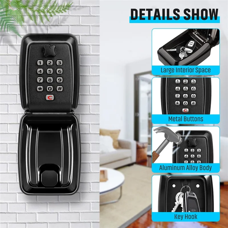 G14 12-Digit Waterproof Zinc Alloy Wall-Mounted Key Lock Box for Home Garage Office - Black