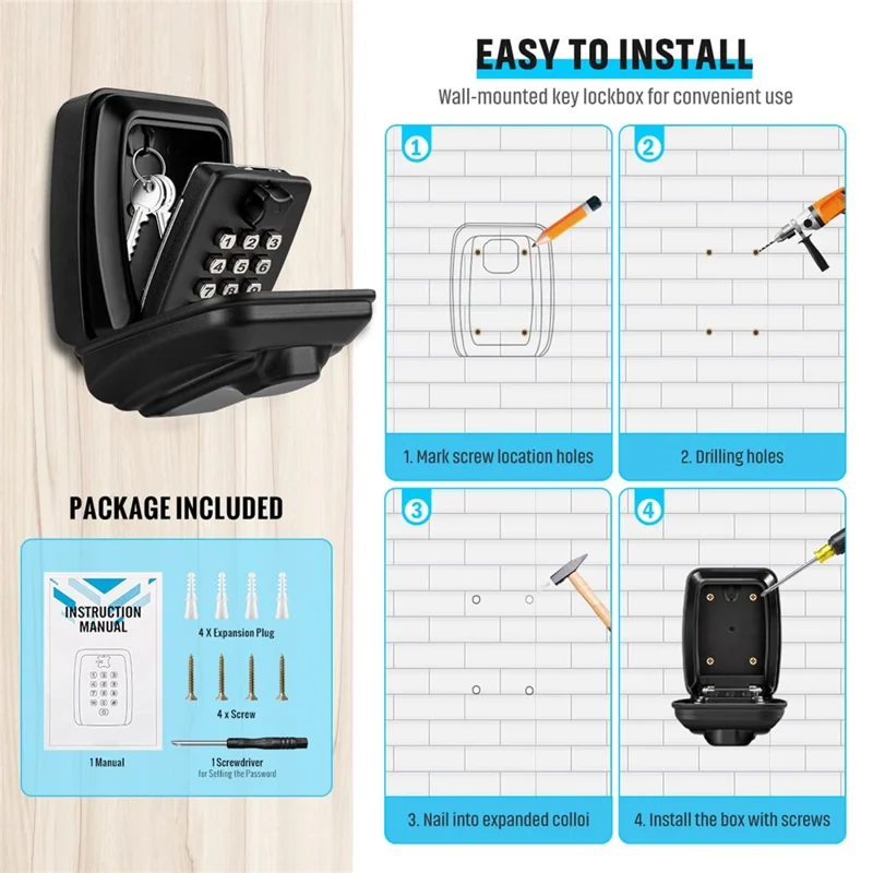G14 12-Digit Waterproof Zinc Alloy Wall-Mounted Key Lock Box for Home Garage Office - Black