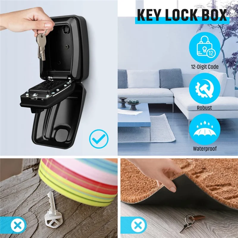 G14 12-Digit Waterproof Zinc Alloy Wall-Mounted Key Lock Box for Home Garage Office - Black