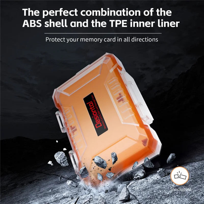 DESIONTAL Memory Card Protection Box ABS + TPE Vandtæt opbevaringskasse med dobbelt lag - Orange