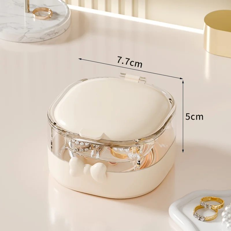 Double-Layer 4-Compartment Jewelry Storage Box Mirror Lid Ring Bracelet Organizer - Beige