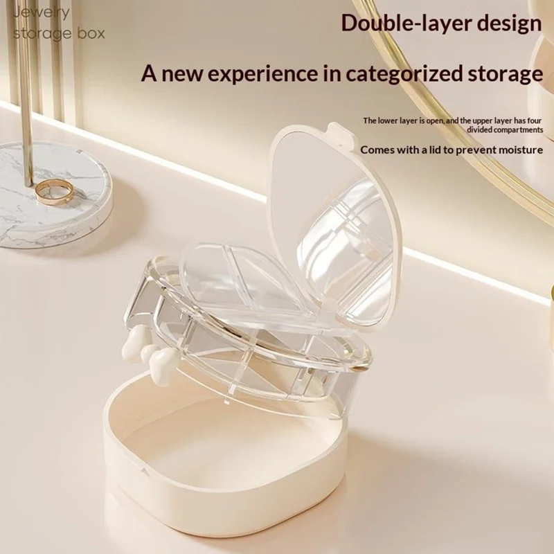 Double-Layer 4-Compartment Jewelry Storage Box Mirror Lid Ring Bracelet Organizer - Beige
