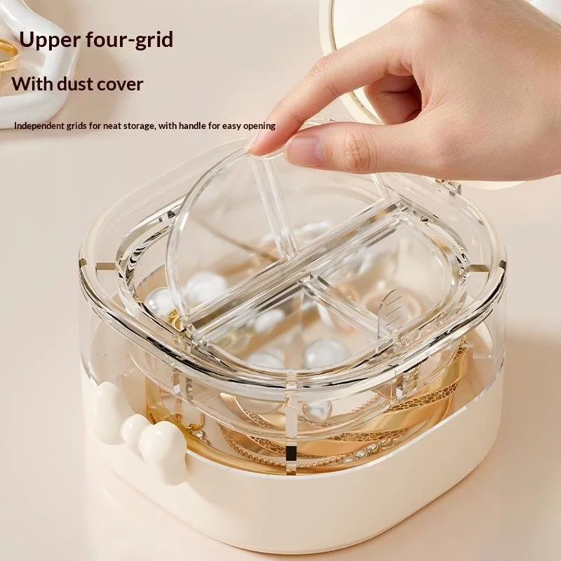Double-Layer 4-Compartment Jewelry Storage Box Mirror Lid Ring Bracelet Organizer - Beige