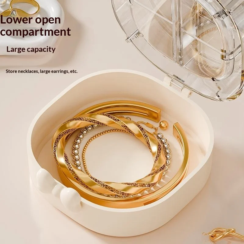 Double-Layer 4-Compartment Jewelry Storage Box Mirror Lid Ring Bracelet Organizer - Beige
