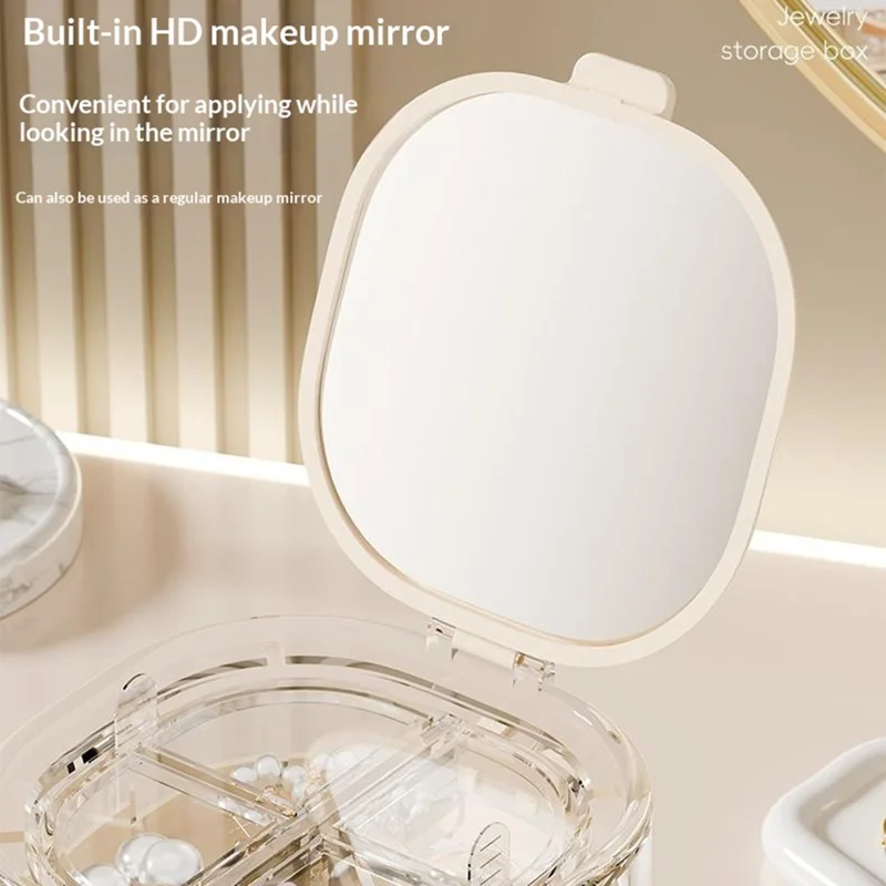 Double-Layer 4-Compartment Jewelry Storage Box Mirror Lid Ring Bracelet Organizer - Beige
