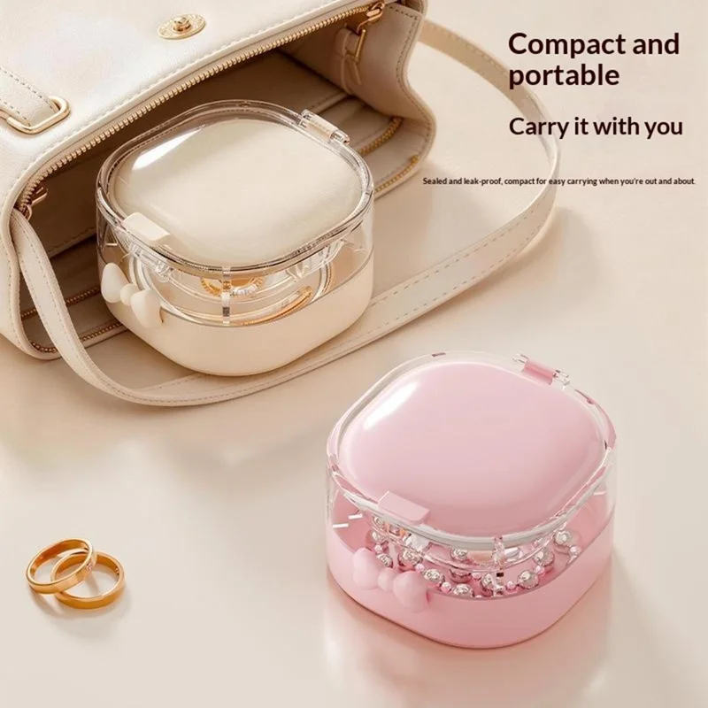 Double-Layer 4-Compartment Jewelry Storage Box Mirror Lid Ring Bracelet Organizer - Beige