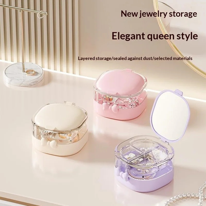 Double-Layer 4-Compartment Jewelry Storage Box Mirror Lid Ring Bracelet Organizer - Beige