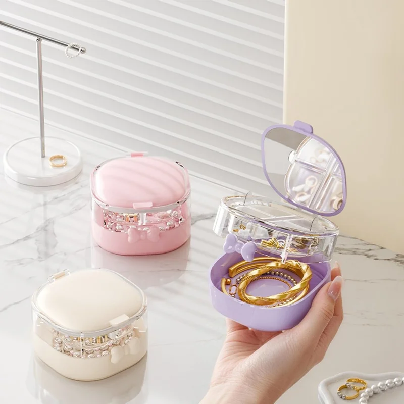 Double-Layer 4-Compartment Jewelry Storage Box Mirror Lid Ring Bracelet Organizer - Beige