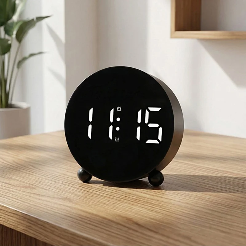 Ronde digitale wekker met LED-display, stil, dubbele wekkers, weekdag-/weekendinstellingen, sluimerfunctie - Zwart