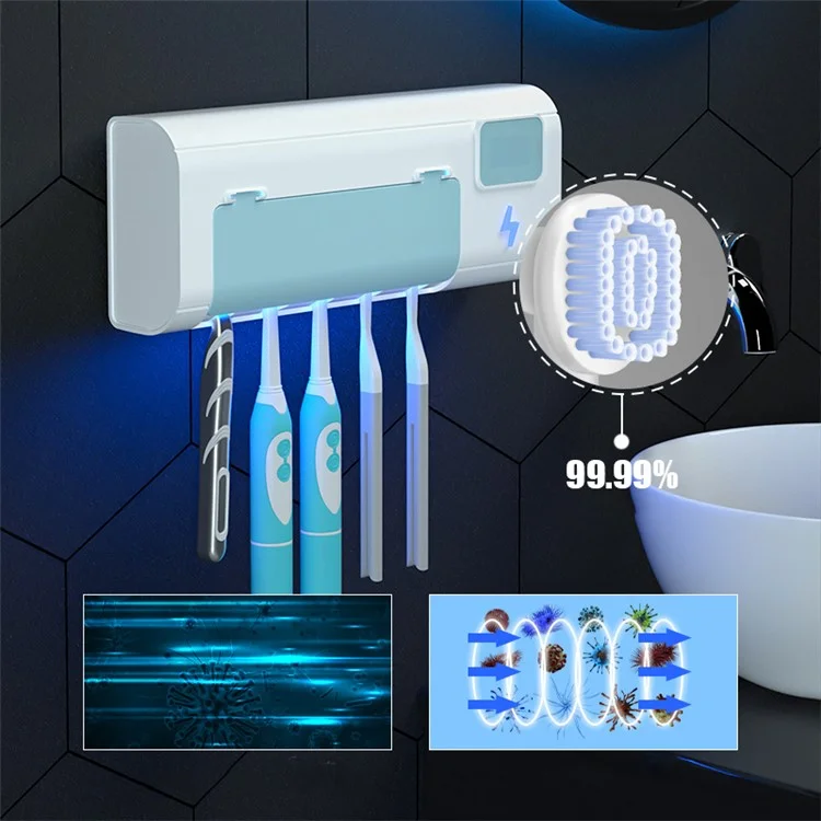 Soporte y esterilizador de cepillo de dientes con luz UV, montaje en pared - Azul