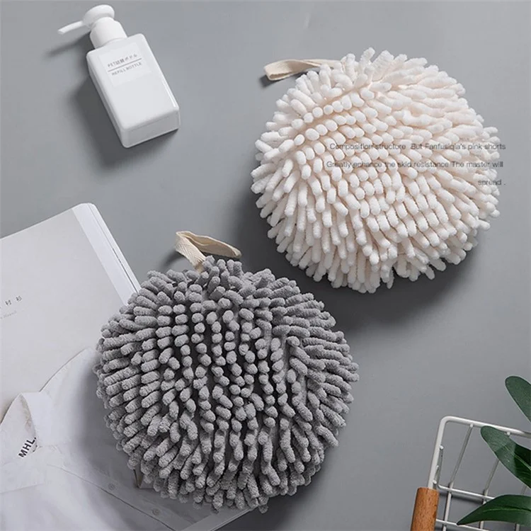 Hanging Hand Towel Pompom Design Water Absorbent Quick Drying Hand Wipe Towel Kitchen Bathroom Supply - Grey