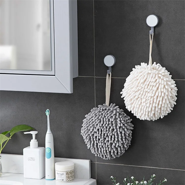 Hanging Hand Towel Pompom Design Water Absorbent Quick Drying Hand Wipe Towel Kitchen Bathroom Supply - Grey