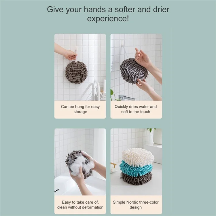 Hanging Hand Towel Pompom Design Water Absorbent Quick Drying Hand Wipe Towel Kitchen Bathroom Supply - Grey