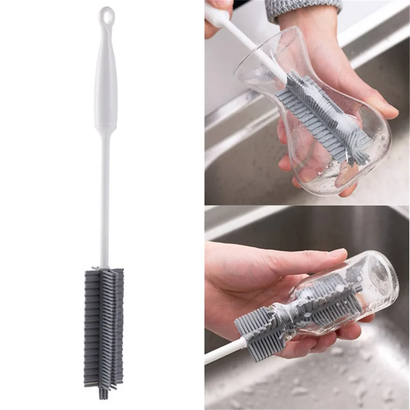 Silicone Cup Brush Kitchen Bottle Cleaning Tool Long Handle Drink Glass Bottle Wash Cup Cleaning Brush Cleaner (BPA Free, No FDA Certificate) - Grey