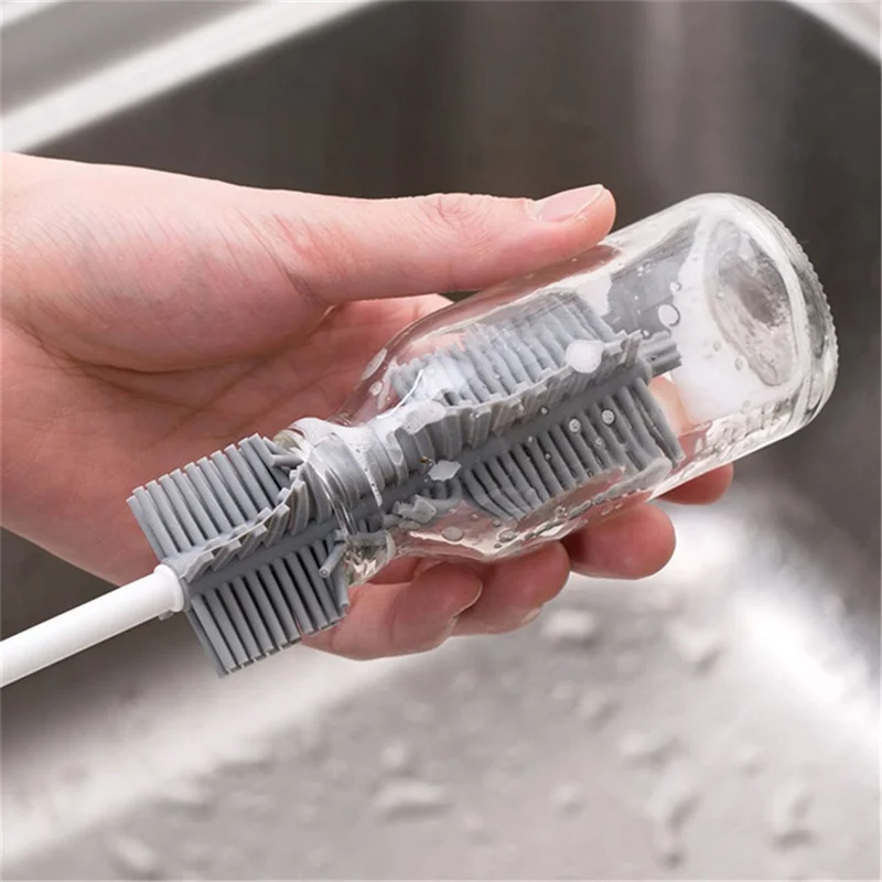 Silicone Cup Brush Kitchen Bottle Cleaning Tool Long Handle Drink Glass Bottle Wash Cup Cleaning Brush Cleaner (BPA Free, No FDA Certificate) - Grey