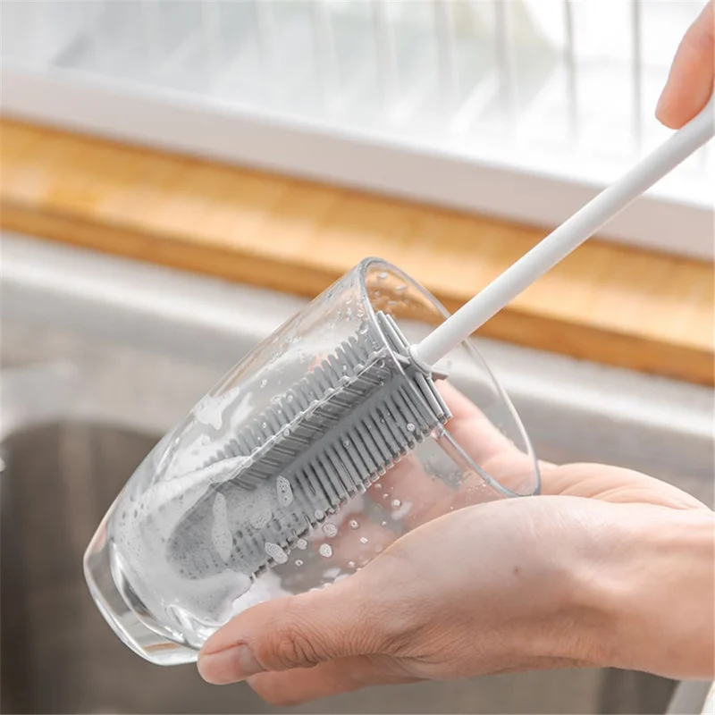 Silicone Cup Brush Kitchen Bottle Cleaning Tool Long Handle Drink Glass Bottle Wash Cup Cleaning Brush Cleaner (BPA Free, No FDA Certificate) - Grey