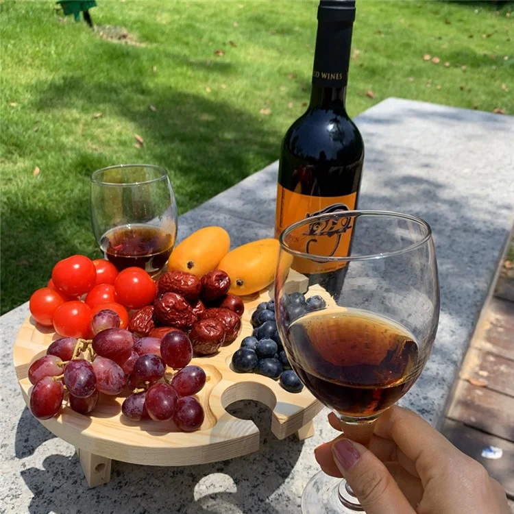 Outdoor Wine Picnic Table 30x16cm Folding Portable Wooden Snack and Cheese Tray with 4 Wine Glasses Holder