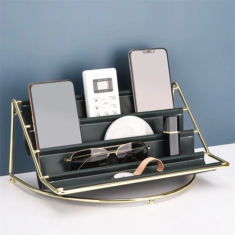 Nordic Multi-layer Desktop Organizer Multi-purpose Golden Iron Storage Tray Cosmetic Sundries Rack, Size L - Blackish Green