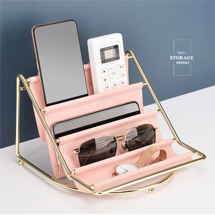 Golden Iron Storage Tray Multi-layer Desktop Organizer Cosmetic Sundries Rack, Size S - Pink